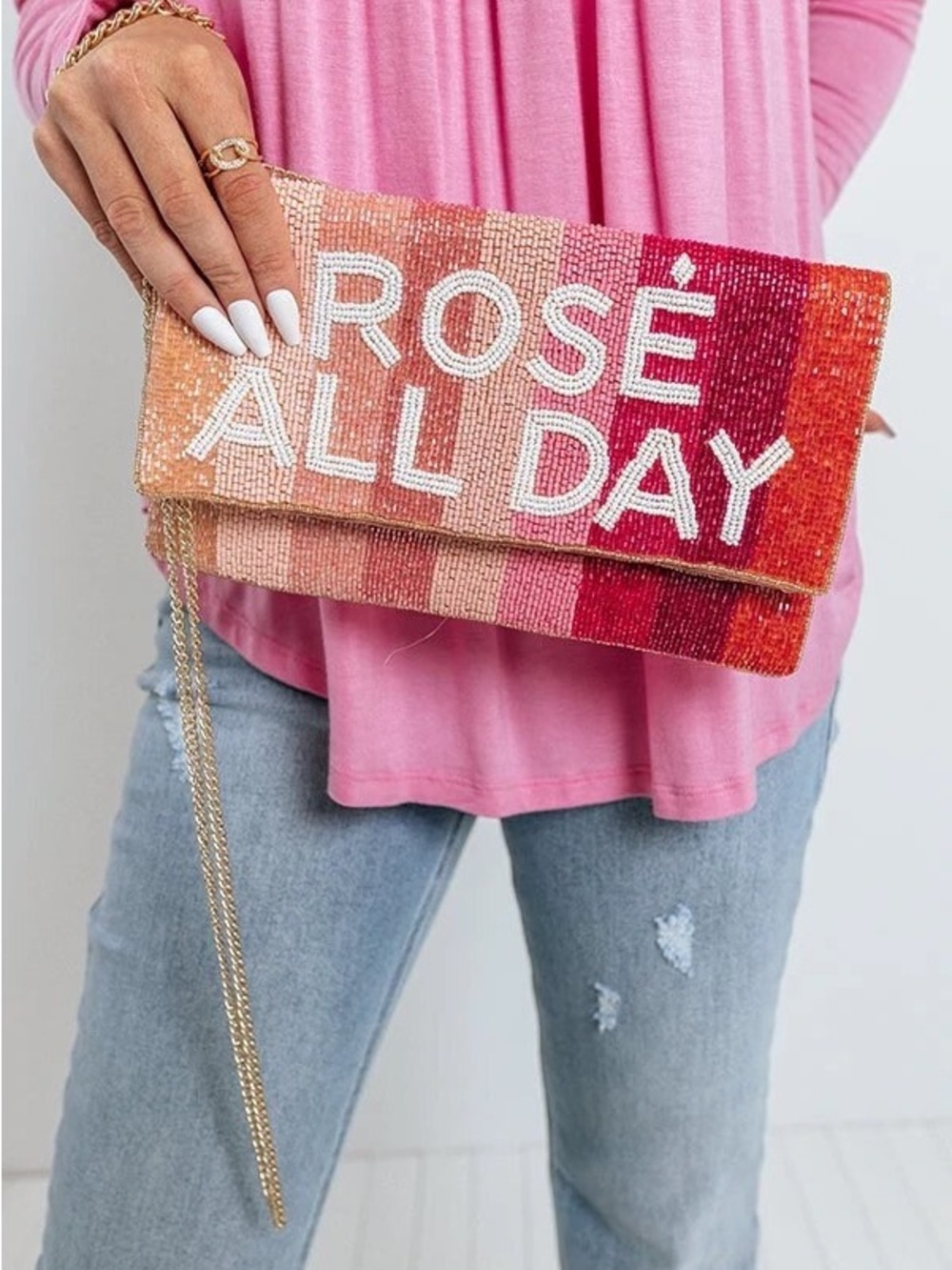 EUC Pretty Robes Rosé All Day Pink Beaded Clutch with Chain